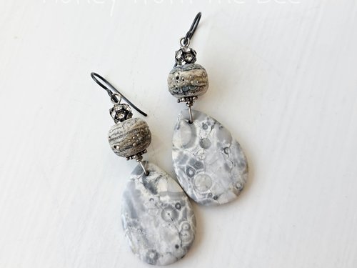 Orbicular Jasper earrings with lampwork in grey and white