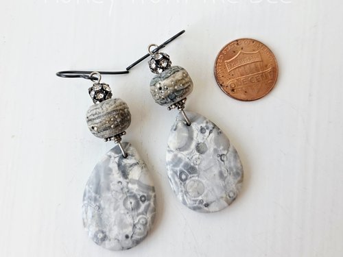 Gemstone earrings in grey and white with lampwork and crystals