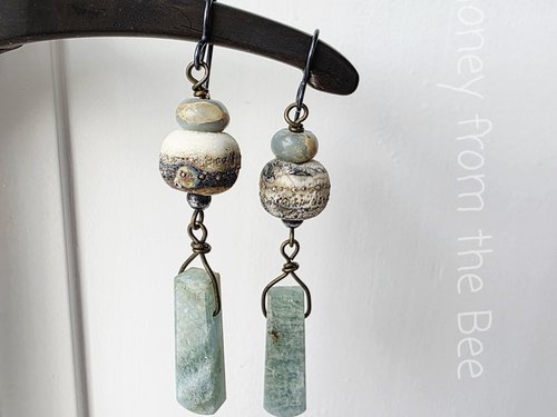 Aquamarine earrings with lampwork in cream and browns