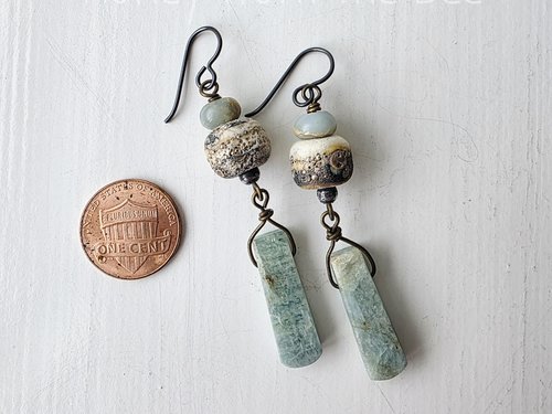 Artisan earrings in aqua and cream