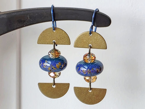 Blue and gold earrings with copper accent