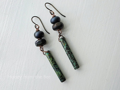 Lampwork earrings with African turquoise dangle and copper accents
