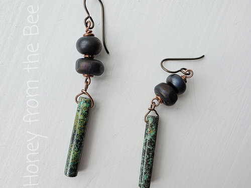 Turquoise earrings with lampwork and copper
