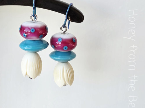 Hot pink earrings with turquoise and white