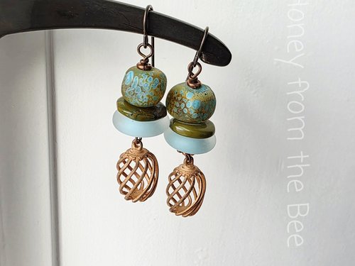 Aqua and copper earrings feature lampwork and turquoise