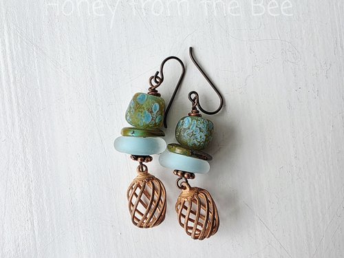 Artisan earrings in aqua, green and copper