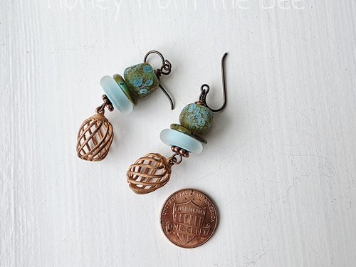 Turquoise earrings with aqua lampwork and copper dangle