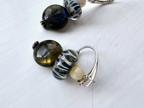 Blue and cream lampwork earrings with labradorite and mother of pearl