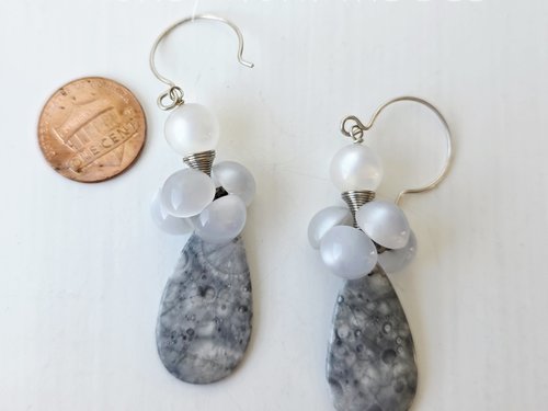 Grey and white earrings feature vintage buttons and jasper