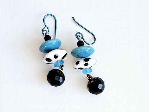 Lampwork earrings in aqua, black and white