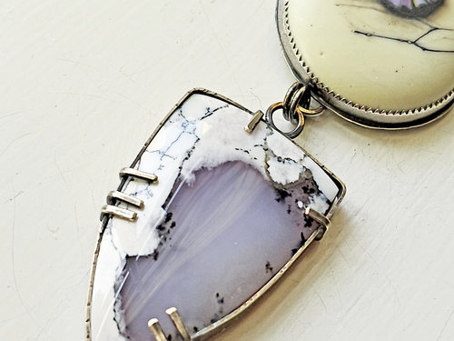 Dendritic Agate set in sterling silver with art glass cabochon in lavender and white pendant