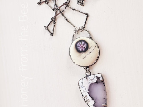 Statement necklace in sterling silver with dendritic opal and art glass cab with flower motif