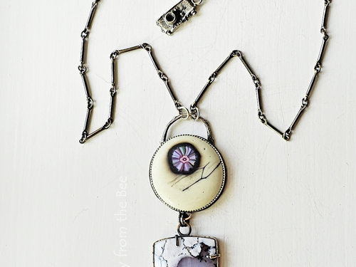 Statement necklace in lavender and white with gemstone and art glass cab