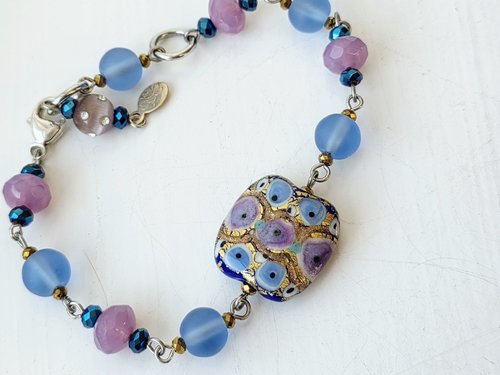 Blue and pink bracelet features lampwork focal with gold foil
