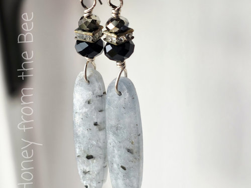 Dressy boho earrings in pale blue and black
