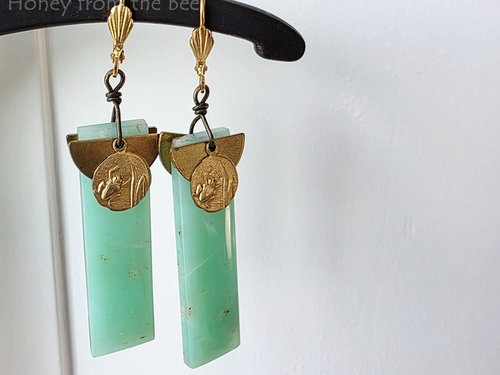 Chrysophase earrings with brass accents