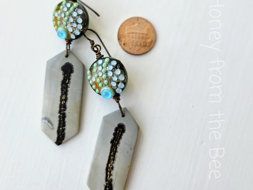 Jasper and lampwork earrings in aqua, brown and orange