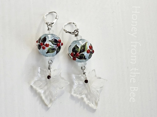 Winter lampwork earrings feature frosty white leaf drops