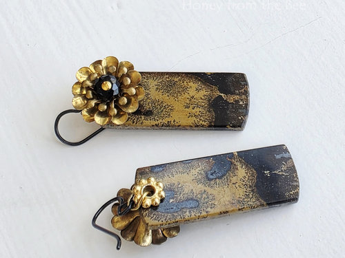 Gemstone earrings feature Chohua Jasper and vintage brass flowers