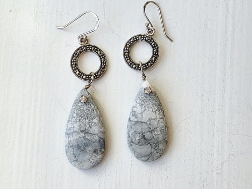 Grey and white earrings feature marcasite and orbicular jasper