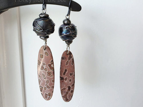 Lampwork earrings in blue and purple with jasper dangles in pink
