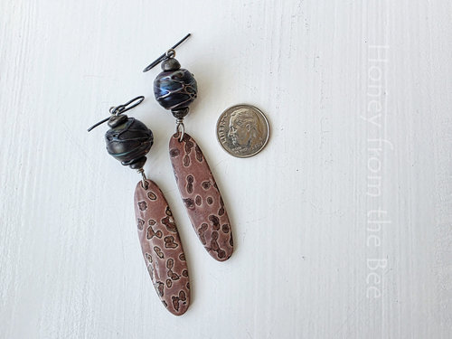 Jasper earrings with iridescent lampwork