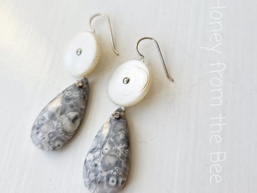 Orbicular Jasper earrings with antique mother of pearl buttons