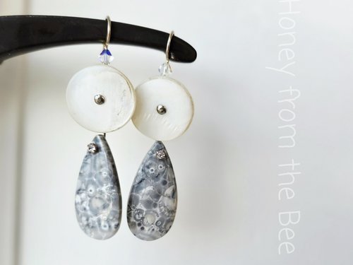 Antique MOP button earrings with jasper in grey and white