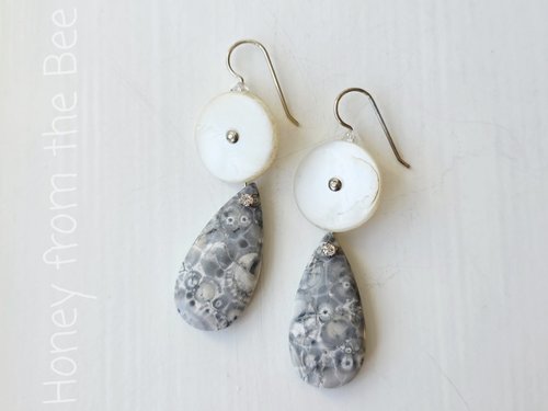 Orbicular Jasper earrings in grey and white with vintage mother of pearl buttons