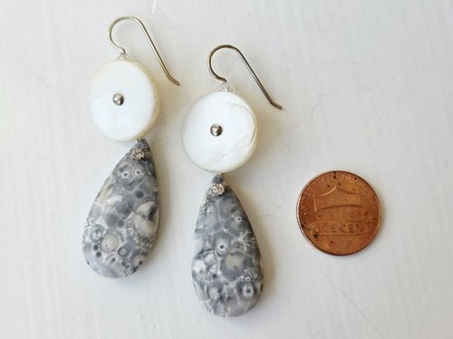 Artisan earrings in grey and white feature MOP buttons and jasper