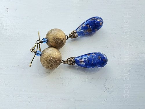 Vintage Venetian glass earrings in blue and gold