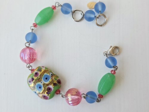 Lampwork bracelet in pink, blue and green
