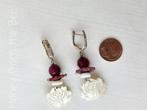 Rose earrings in mother of pearl and berry red lampwork