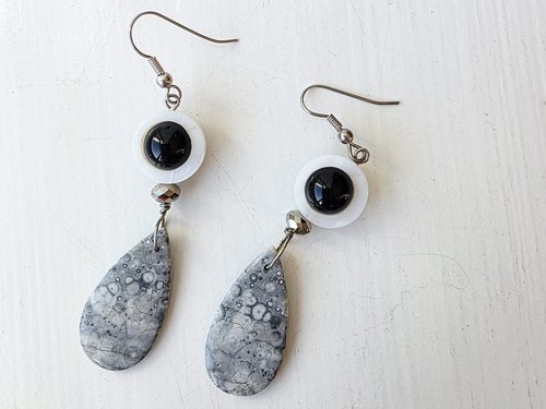 Orbicular jasper earrings with onyx and mother of pearl