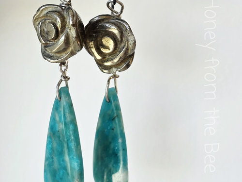 Blue green gemstone earrings with pyrite rose