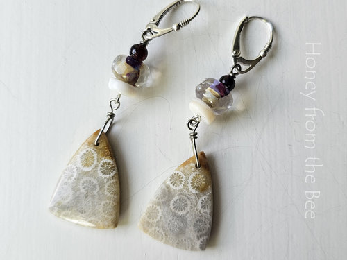 White and red lampwork earrings with fossilized coral agate dangle