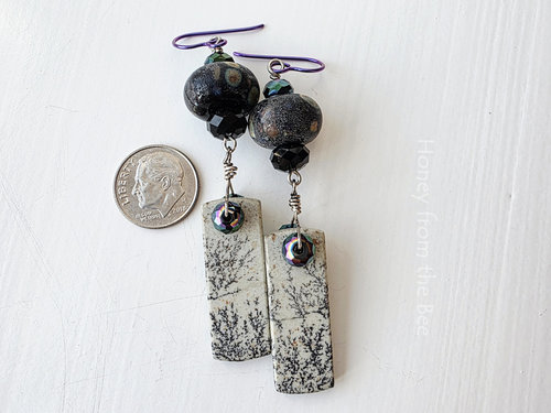 Stunning nature earrings feature jasper dangles and raku lampwork