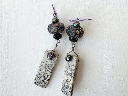 Jasper and lampwork earrings in iridescent and black