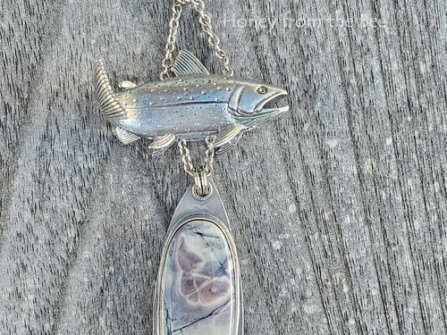 Silver and lavender pendant features 3d trout charm and Porcelain Jasper