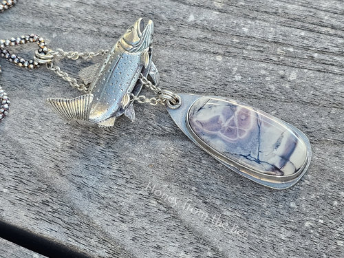 Detailed Silver Trout charm with lavender gemstone pendant