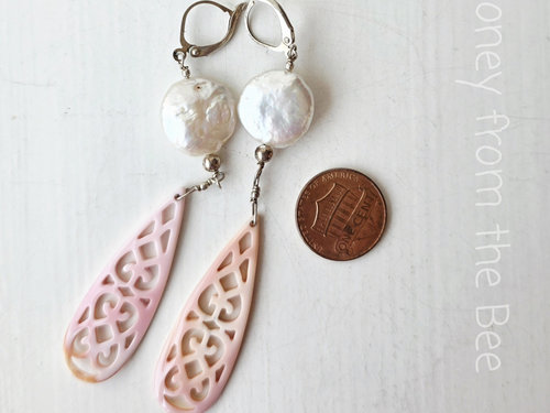 Long dangle earrings in pink and white
