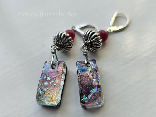Stunning artisan earrings in shimmering dichroic glass, rosy chalcedony and sterling silver
