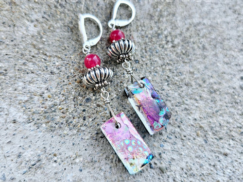 Dichroic earrings with pink chalcedony and ribbed sterling silver beads