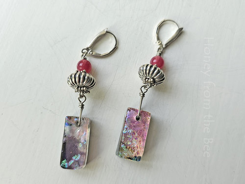 Artisan earrings in pink, silver and teal