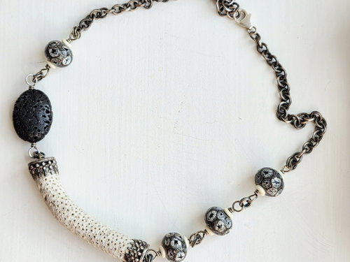 Mixed media necklace in black and white