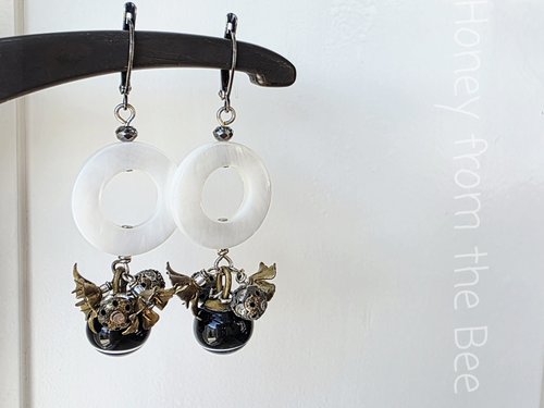 Vintage brass and antique button earrings with mother of pearl