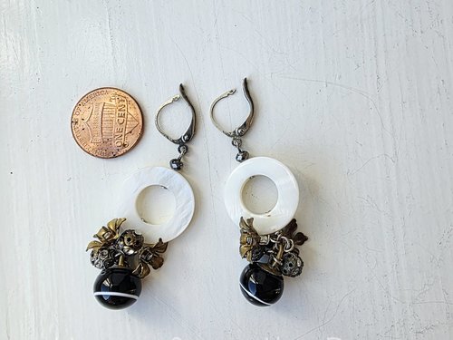Mixed media earrings with antique buttons, vintage brass and crystal