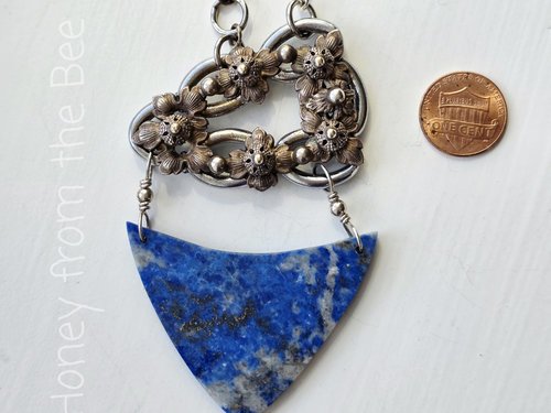 Brass, gold and blue art necklace