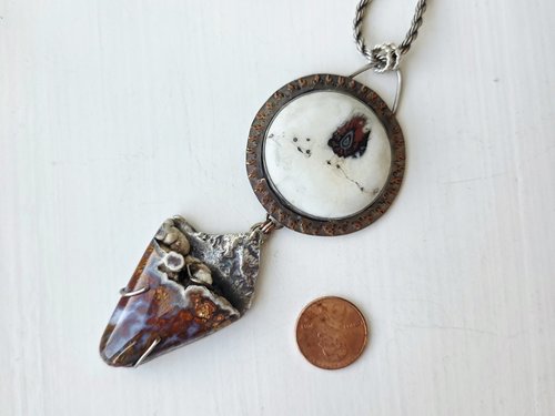 Stunning art pendant in red and white with sterling silver and copper