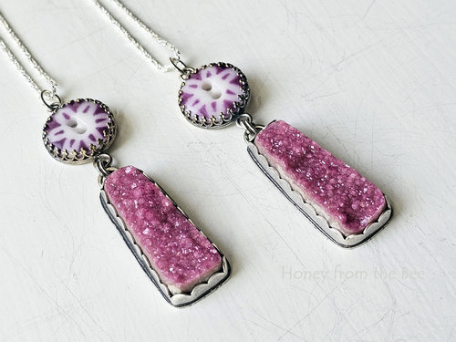 Artisan pendant features bright pink cobalto calcite druzy and antique calico button